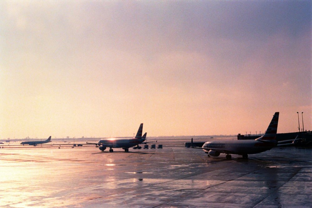 Planes parked at an airport at dusk
